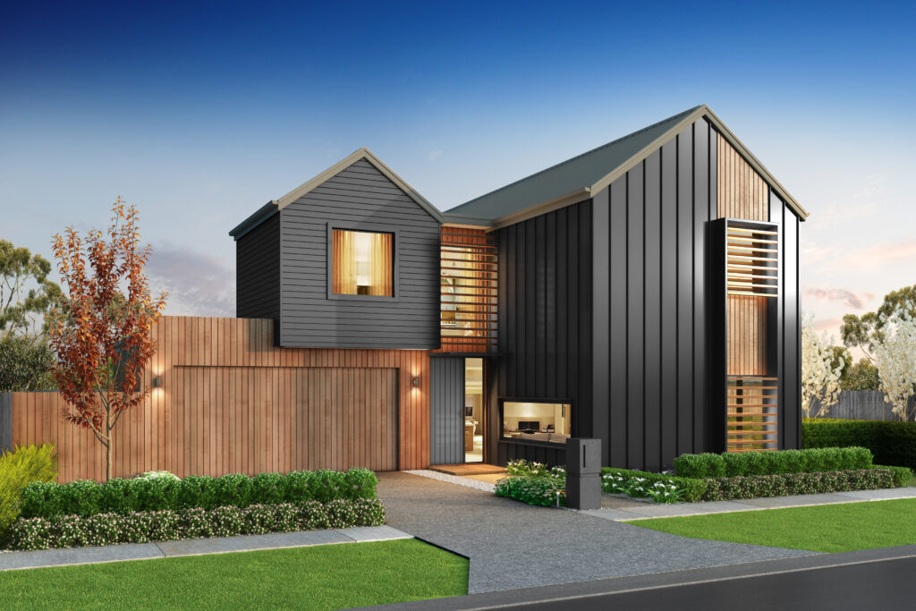 new build house with wooden garage door